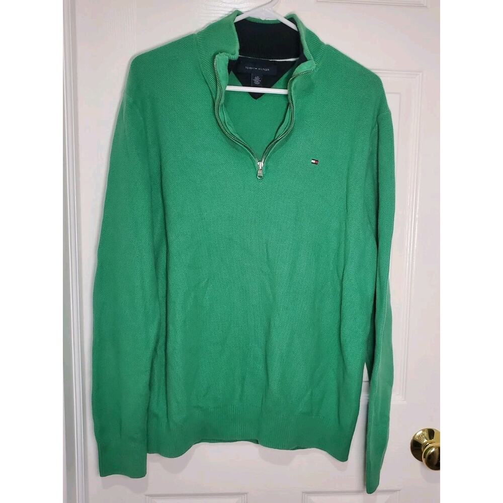 Tommy Hilfiger Menâs L Green Quarter Zip Sweater 100% Cotton Knit Pullover Logo